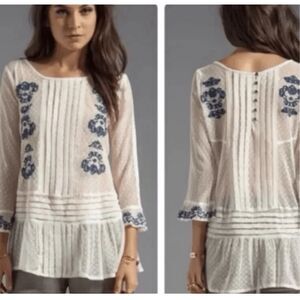 Free People Women's Sheer Embroidered Jocelyn Peplum Tunic Top Ivory Medium